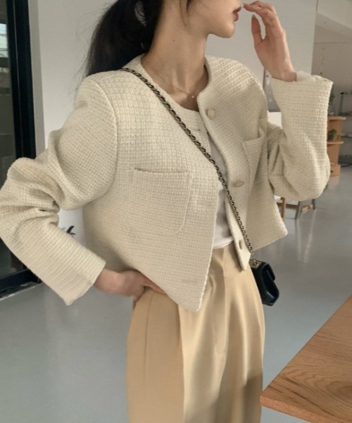 セール】ショート丈ノーカラージャケット（ノーカラージャケット