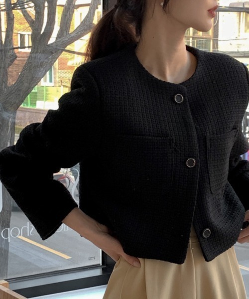 ショート丈ノーカラージャケット（ノーカラージャケット）｜Diosfront