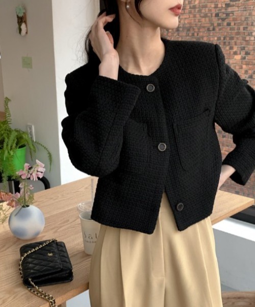 セール】ショート丈ノーカラージャケット（ノーカラージャケット