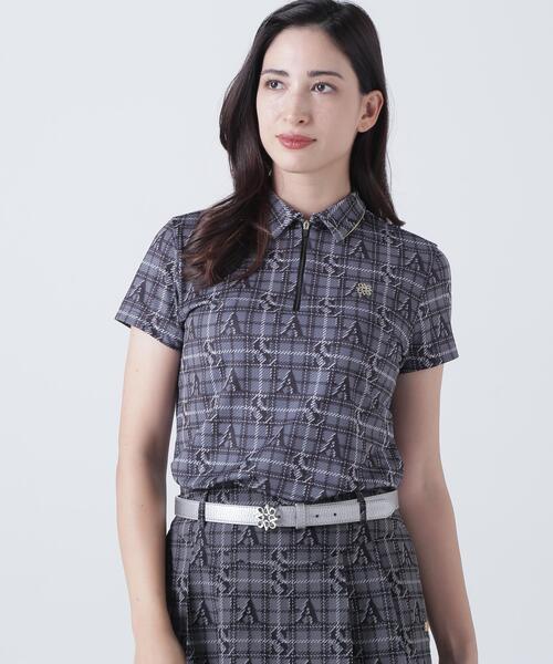 St ANDREWS(セントアンドリュース)の「トリコットメッシュロゴチェックプリント半袖シャツ (WOMENS)(ポロシャツ・レディース・ベージュ/ブラック・L/S/M)」の2枚目の写真