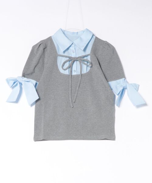 one way(ワンウェイ)の「袖リボンドッキングテレコ(Tシャツ/カットソー・レディース・グレー/ブルー/ブラック/ピンク・FREE)」の2枚目の写真