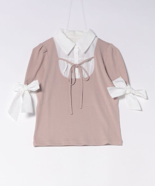 one way(ワンウェイ)の「袖リボンドッキングテレコ(Tシャツ/カットソー・レディース・グレー/ブルー/ブラック/ピンク・FREE)」の4枚目の写真