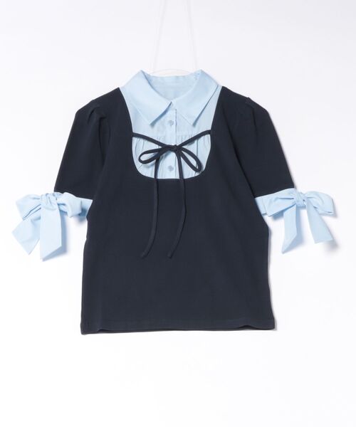 one way(ワンウェイ)の「袖リボンドッキングテレコ(Tシャツ/カットソー・レディース・グレー/ブルー/ブラック/ピンク・FREE)」の3枚目の写真