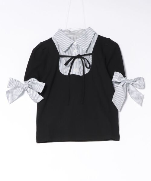 one way(ワンウェイ)の「袖リボンドッキングテレコ(Tシャツ/カットソー・レディース・グレー/ブルー/ブラック/ピンク・FREE)」の1枚目の写真