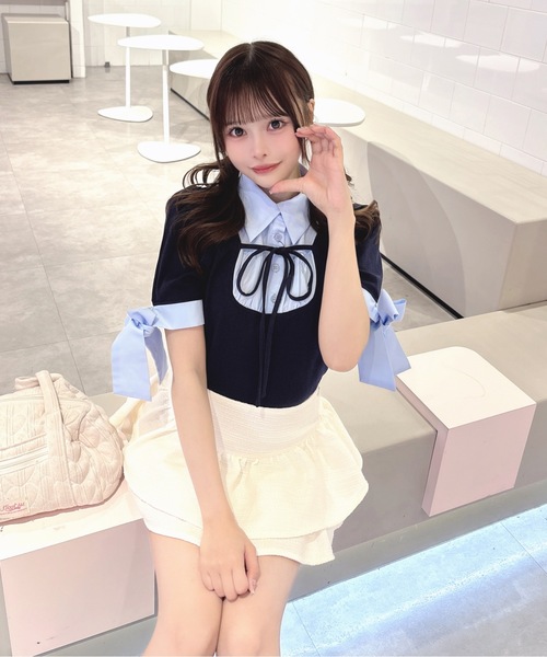 one way（ワンウェイ）の「袖リボンドッキングテレコ（Tシャツ/カットソー・レディース・グレー/ブルー/ブラック/ピンク・FREE）」の4枚目の写真