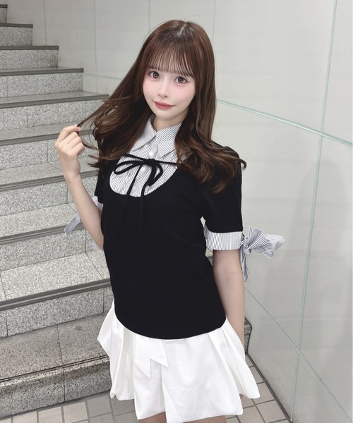 one way（ワンウェイ）の「袖リボンドッキングテレコ（Tシャツ/カットソー・レディース・グレー/ブルー/ブラック/ピンク・FREE）」の2枚目の写真