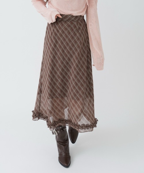 mellowneon(メロウネオン)の「チェック&ドットシアーフリルスカート(スカート・レディース・アイボリー/ブラック/ブラック系その他/ブラウン・FREE)」の1枚目の写真