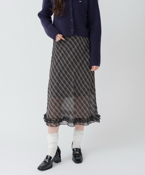 mellowneon(メロウネオン)の「チェック&ドットシアーフリルスカート(スカート・レディース・アイボリー/ブラック/ブラック系その他/ブラウン・FREE)」の3枚目の写真