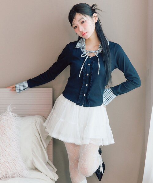 OLIVE des OLIVE（オリーブデオリーブ）の「チュールティアードミニスカート（スカート・レディース・ブラック/オフホワイト・FREE）」の14枚目の写真