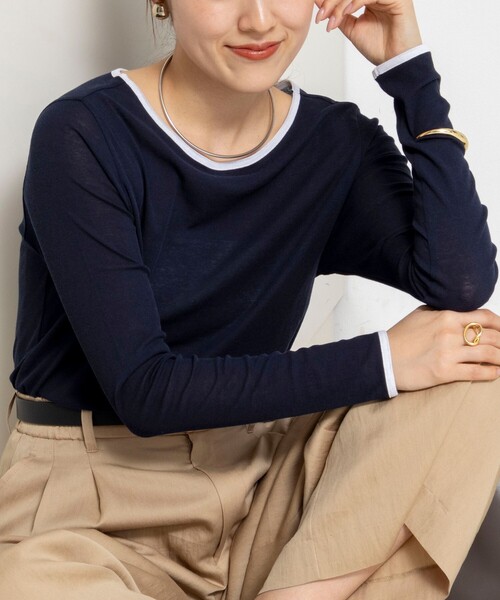 NOLLEY’S(ノーリーズ)の「ウォッシャブルシアー配色ロンT(Tシャツ/カットソー・レディース・サックスブルー/ホワイト/ネイビー・38)」の2枚目の写真