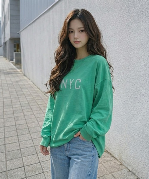 Dalfwin(ダールフィン)の「韓国ファッション MAVERICKプリント長袖Tシャツ(Tシャツ/カットソー・レディース・グリーン/ライトグレー/イエロー/チャコールグレー・FREE)」の3枚目の写真