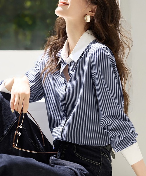 ONEP STAR(ワンピスター)の「ストライプ柄配色シャツ(シャツ/ブラウス・レディース・ネイビー・X-LARGE/LARGE/MEDIUM)」の9枚目の写真