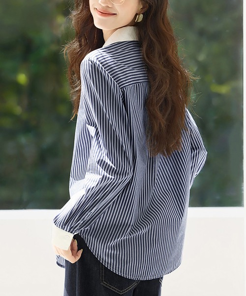 ONEP STAR(ワンピスター)の「ストライプ柄配色シャツ(シャツ/ブラウス・レディース・ネイビー・X-LARGE/LARGE/MEDIUM)」の10枚目の写真
