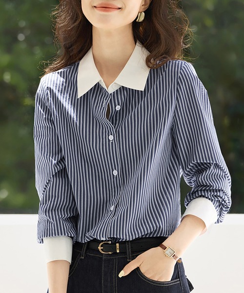 ONEP STAR(ワンピスター)の「ストライプ柄配色シャツ(シャツ/ブラウス・レディース・ネイビー・X-LARGE/LARGE/MEDIUM)」の3枚目の写真