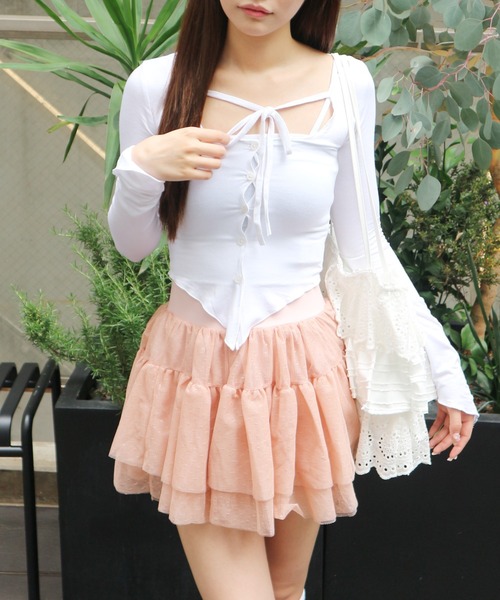 ALLuRing ChaRm(アリュリングチャーム)の「Cutout Ribbon Hem Cardigan / カットアウトリボンヘムカーディガン(カーディガン/ボレロ・レディース・ブラック/ホワイト・FREE)」の3枚目の写真