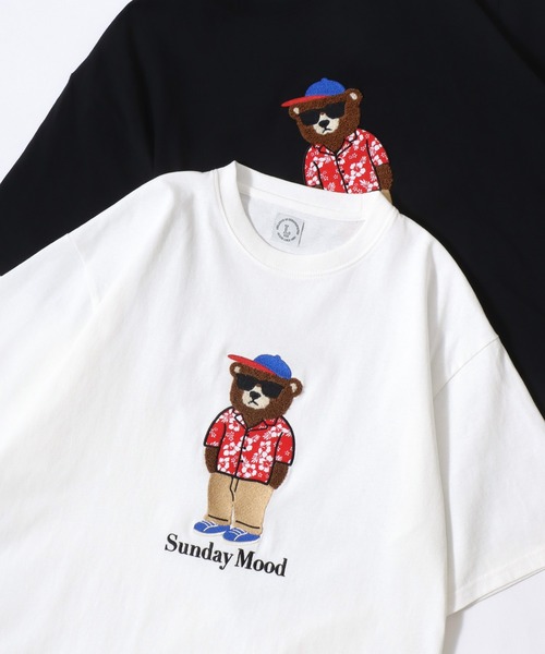 Lazar（ラザル）の「Bear Embroidery SS Tee/接触冷感 オーバーサイズ ボーダー＆アロハ総柄シャツ クマ刺繍 半袖Tシャツ/レディース メンズ（Tシャツ/カットソー・レディース・ネイビー/ホワイト系その他/ホワイト/ブラック・L/M）」の2枚目の写真