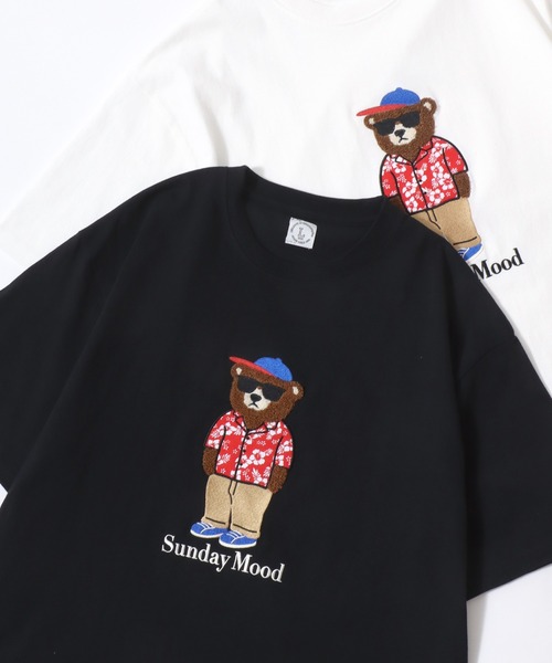 Lazar（ラザル）の「Bear Embroidery SS Tee/接触冷感 オーバーサイズ ボーダー＆アロハ総柄シャツ クマ刺繍 半袖Tシャツ/レディース メンズ（Tシャツ/カットソー・レディース・ネイビー/ホワイト系その他/ホワイト/ブラック・L/M）」の3枚目の写真