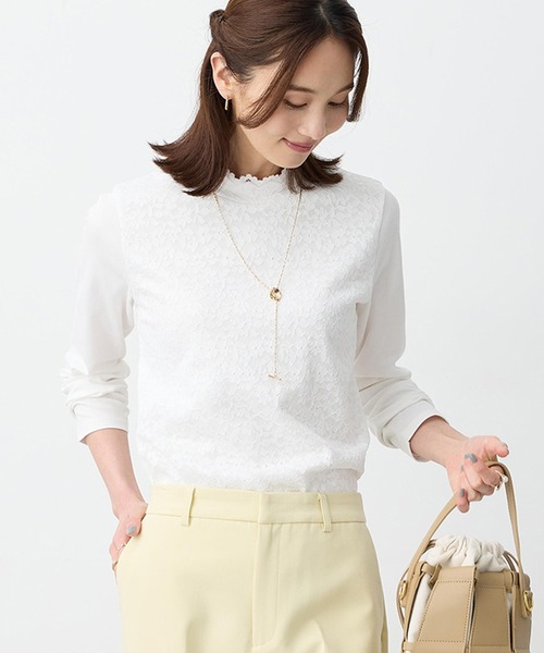 A/C DESIGN BY ALPHA CUBIC(エーシーデザインバイアルファキュービック)の「フロントレースハイネックカットソー(Tシャツ/カットソー・レディース・ライトグレー/オフホワイト・M/L)」の1枚目の写真