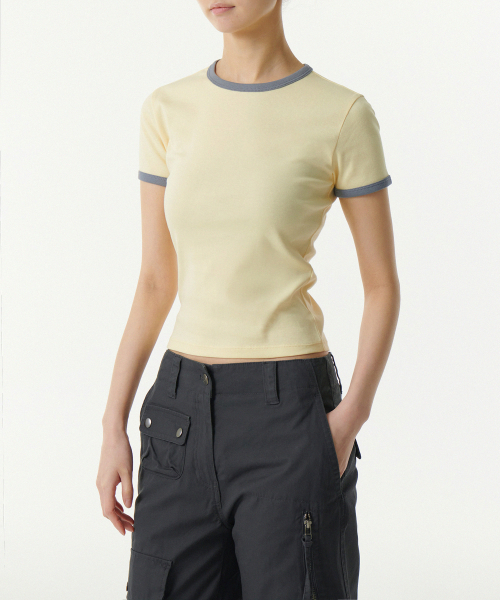 MUSINSA STANDARD WOMAN（ムシンサスタンダードウーマン）の「ウィメンズスリムクルーネックリンガーティーシャツ[レモン/グレー]（Tシャツ/カットソー・レディース・その他・MEDIUM/LARGE/SMALL/X-SMALL）」の2枚目の写真