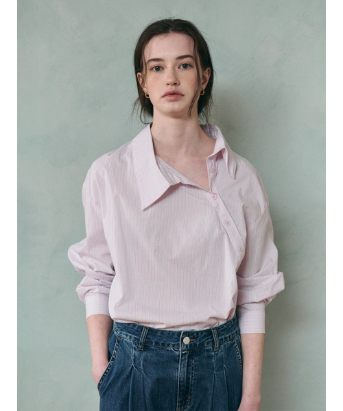 NESIS unbalance slant shirt_PINK STRIPE