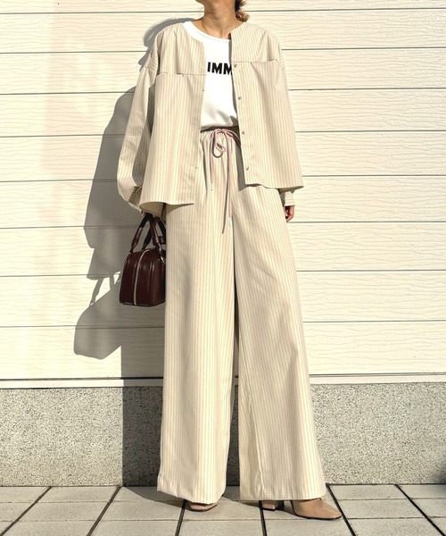 Q（キュー）の「ストライプウエストギャザーワイドパンツ（その他パンツ・レディース・アイボリー・MEDIUM）」の5枚目の写真