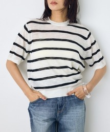 【身長/骨格別着用画像あり】シアートップス　クルーネックシアーニットトップス　夏服　秋服　春服　サマーニット　ボーダー