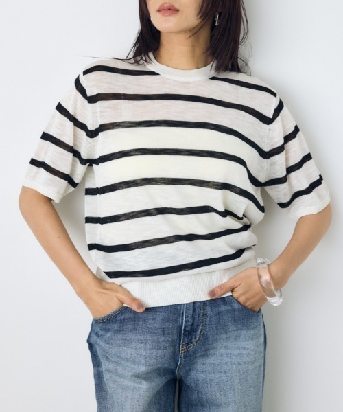 AZUL by moussy(アズールバイマウジー)の「【身長/骨格別着用画像あり】シアートップス クルーネックシアーニットトップス 夏服 秋服 春服 サマーニット ボーダー(ニット/セーター・レディース・ブラック/ブルー系その他3/ホワイト/ホワイト系その他/レッド・SMALL/MEDIUM)」の1枚目の写真