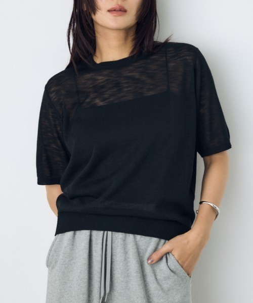 AZUL by moussy(アズールバイマウジー)の「【身長/骨格別着用画像あり】シアートップス クルーネックシアーニットトップス 夏服 秋服 春服 サマーニット ボーダー(ニット/セーター・レディース・ブラック/ブルー系その他3/ホワイト/ホワイト系その他/レッド・SMALL/MEDIUM)」の3枚目の写真