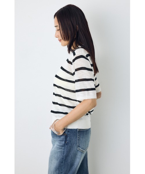 AZUL by moussy(アズールバイマウジー)の「【身長/骨格別着用画像あり】シアートップス クルーネックシアーニットトップス 夏服 秋服 春服 サマーニット ボーダー(ニット/セーター・レディース・ブラック/ブルー系その他3/ホワイト/ホワイト系その他/レッド・SMALL/MEDIUM)」の18枚目の写真