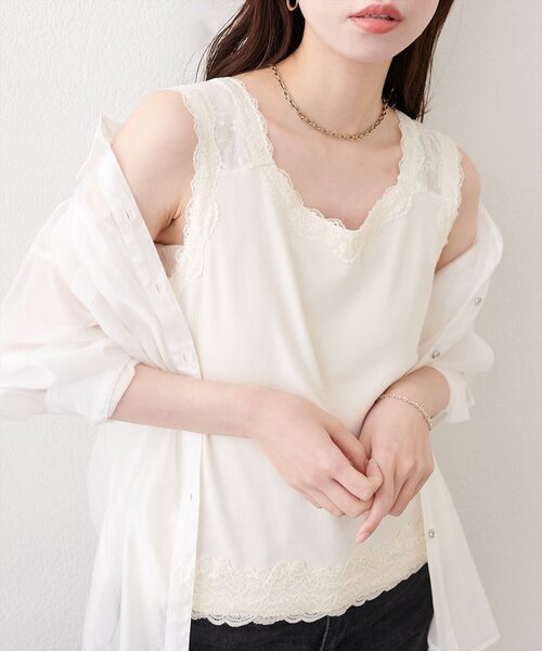 natural couture（ナチュラルクチュール）の「レーストリムテレコタンク（タンクトップ・レディース・オフホワイト/ブラック・FREE）」の7枚目の写真