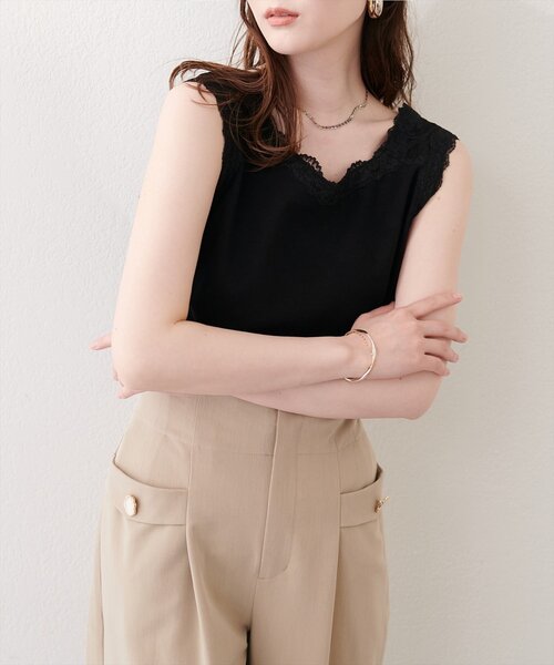 natural couture（ナチュラルクチュール）の「レーストリムテレコタンク（タンクトップ・レディース・オフホワイト/ブラック・FREE）」の10枚目の写真
