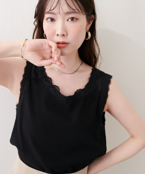 natural couture（ナチュラルクチュール）の「レーストリムテレコタンク（タンクトップ・レディース・オフホワイト/ブラック・FREE）」の12枚目の写真