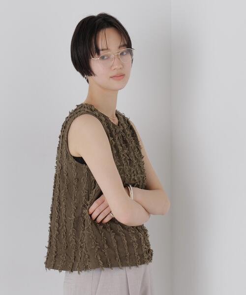 NANO universe(ナノユニバース)の「フリンジジャガードノースリーブプルオーバートップス(セットアップ可)(Tシャツ/カットソー・レディース・ライトカーキ/ダークブラウン/アイボリー・FREE)」の13枚目の写真