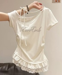 \1枚で映える、大人の甘さ/ レースフリル スタッズロゴ オフショル半袖Tシャツ