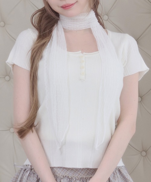 セール】レース ストール付き ヘンリーネック リブトップス (半袖)（T