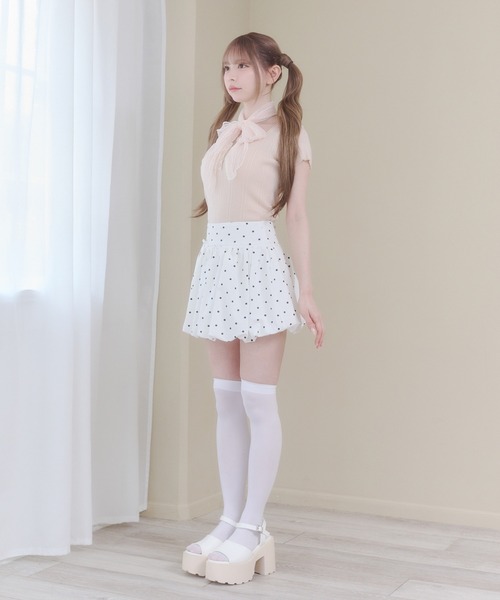 Rmine(アールマイン)の「レース ストール付き ヘンリーネック リブトップス (半袖)(Tシャツ/カットソー・レディース・ブルー/ホワイト/ピンク・FREE)」の5枚目の写真