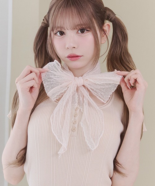 Rmine(アールマイン)の「レース ストール付き ヘンリーネック リブトップス (半袖)(Tシャツ/カットソー・レディース・ブルー/ホワイト/ピンク・FREE)」の17枚目の写真