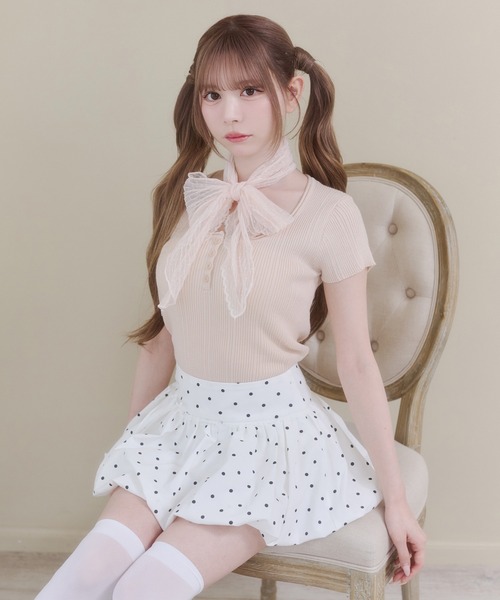 Rmine(アールマイン)の「レース ストール付き ヘンリーネック リブトップス (半袖)(Tシャツ/カットソー・レディース・ブルー/ホワイト/ピンク・FREE)」の15枚目の写真