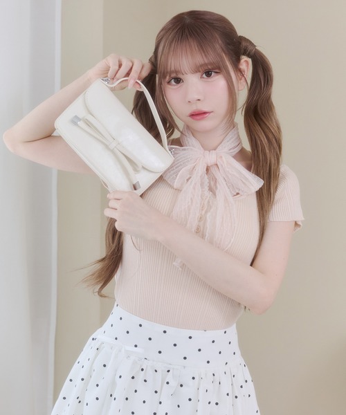 Rmine(アールマイン)の「レース ストール付き ヘンリーネック リブトップス (半袖)(Tシャツ/カットソー・レディース・ブルー/ホワイト/ピンク・FREE)」の12枚目の写真