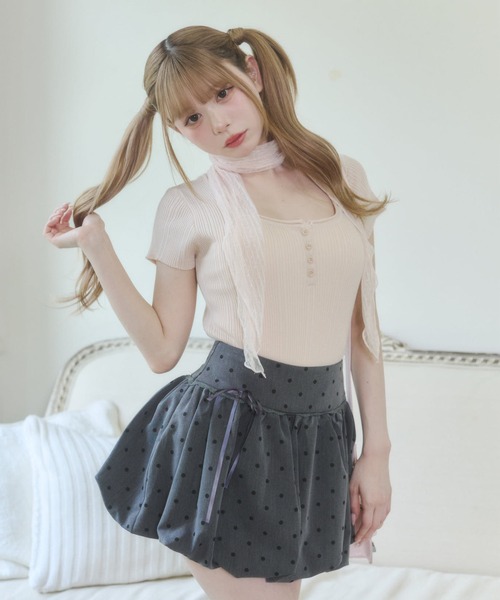 Rmine(アールマイン)の「レース ストール付き ヘンリーネック リブトップス (半袖)(Tシャツ/カットソー・レディース・ブルー/ホワイト/ピンク・FREE)」の9枚目の写真