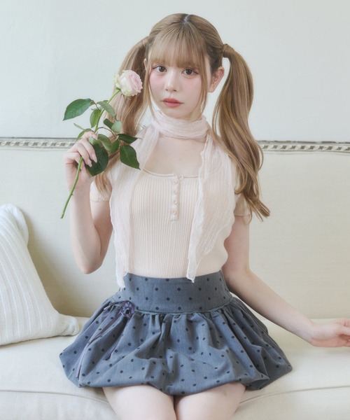 Rmine(アールマイン)の「レース ストール付き ヘンリーネック リブトップス (半袖)(Tシャツ/カットソー・レディース・ブルー/ホワイト/ピンク・FREE)」の10枚目の写真
