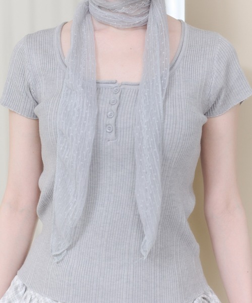 Rmine(アールマイン)の「レース ストール付き ヘンリーネック リブトップス (半袖)(Tシャツ/カットソー・レディース・ブルー/ホワイト/ピンク・FREE)」の19枚目の写真