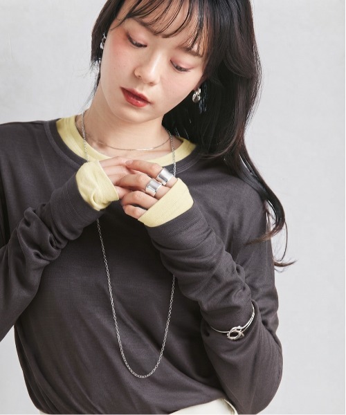 RANAN(ラナン)の「2点セットバイカラーシアーロンT(Tシャツ/カットソー・レディース・杢グレー/イエロー/ホワイト/ブラック/ブラウン・M/LL/L)」の5枚目の写真