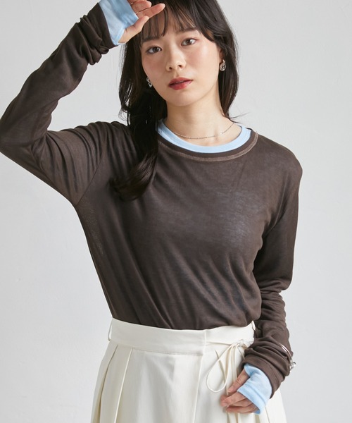 RANAN(ラナン)の「2点セットバイカラーシアーロンT(Tシャツ/カットソー・レディース・杢グレー/イエロー/ホワイト/ブラック/ブラウン・M/LL/L)」の20枚目の写真