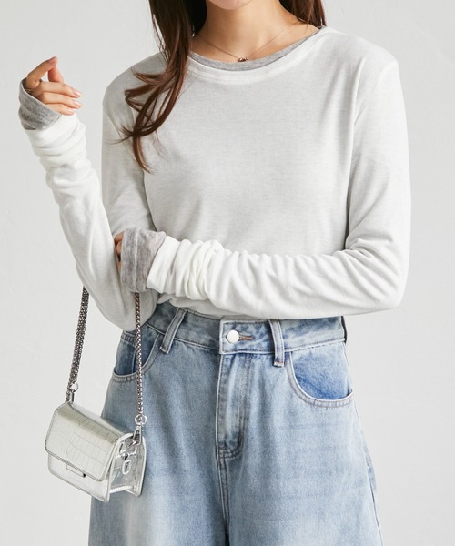 RANAN(ラナン)の「2点セットバイカラーシアーロンT(Tシャツ/カットソー・レディース・杢グレー/イエロー/ホワイト/ブラック/ブラウン・M/LL/L)」の11枚目の写真