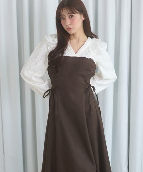 Ambre Neige(アンブルネージュ)の「raffle lace docking dress / ラッフルレースドッキングワンピース(ワンピース・レディース・ダークブラウン/ブラック/キャメル/グレー系その他・FREE)」の4枚目の写真