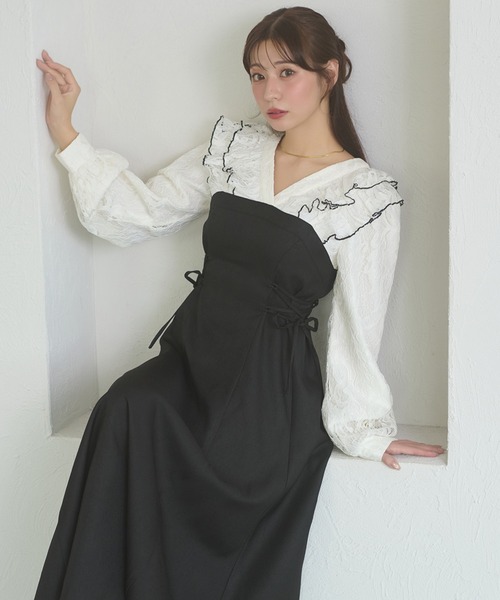 Ambre Neige(アンブルネージュ)の「raffle lace docking dress / ラッフルレースドッキングワンピース(ワンピース・レディース・ダークブラウン/ブラック/キャメル/グレー系その他・FREE)」の2枚目の写真