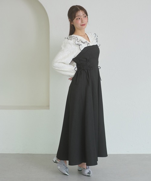 Ambre Neige(アンブルネージュ)の「raffle lace docking dress / ラッフルレースドッキングワンピース(ワンピース・レディース・ダークブラウン/ブラック/キャメル/グレー系その他・FREE)」の16枚目の写真