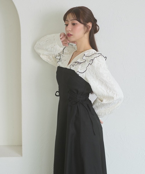 Ambre Neige(アンブルネージュ)の「raffle lace docking dress / ラッフルレースドッキングワンピース(ワンピース・レディース・ダークブラウン/ブラック/キャメル/グレー系その他・FREE)」の7枚目の写真