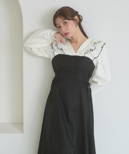 Ambre Neige(アンブルネージュ)の「raffle lace docking dress / ラッフルレースドッキングワンピース(ワンピース・レディース・ダークブラウン/ブラック/キャメル/グレー系その他・FREE)」の8枚目の写真